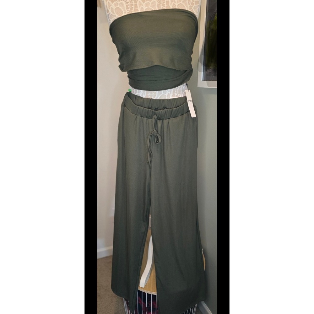 YOZY Olive Green Ribbed 2 Piece Set Multi-Way Wrap Top & Wide Leg Pants NEW